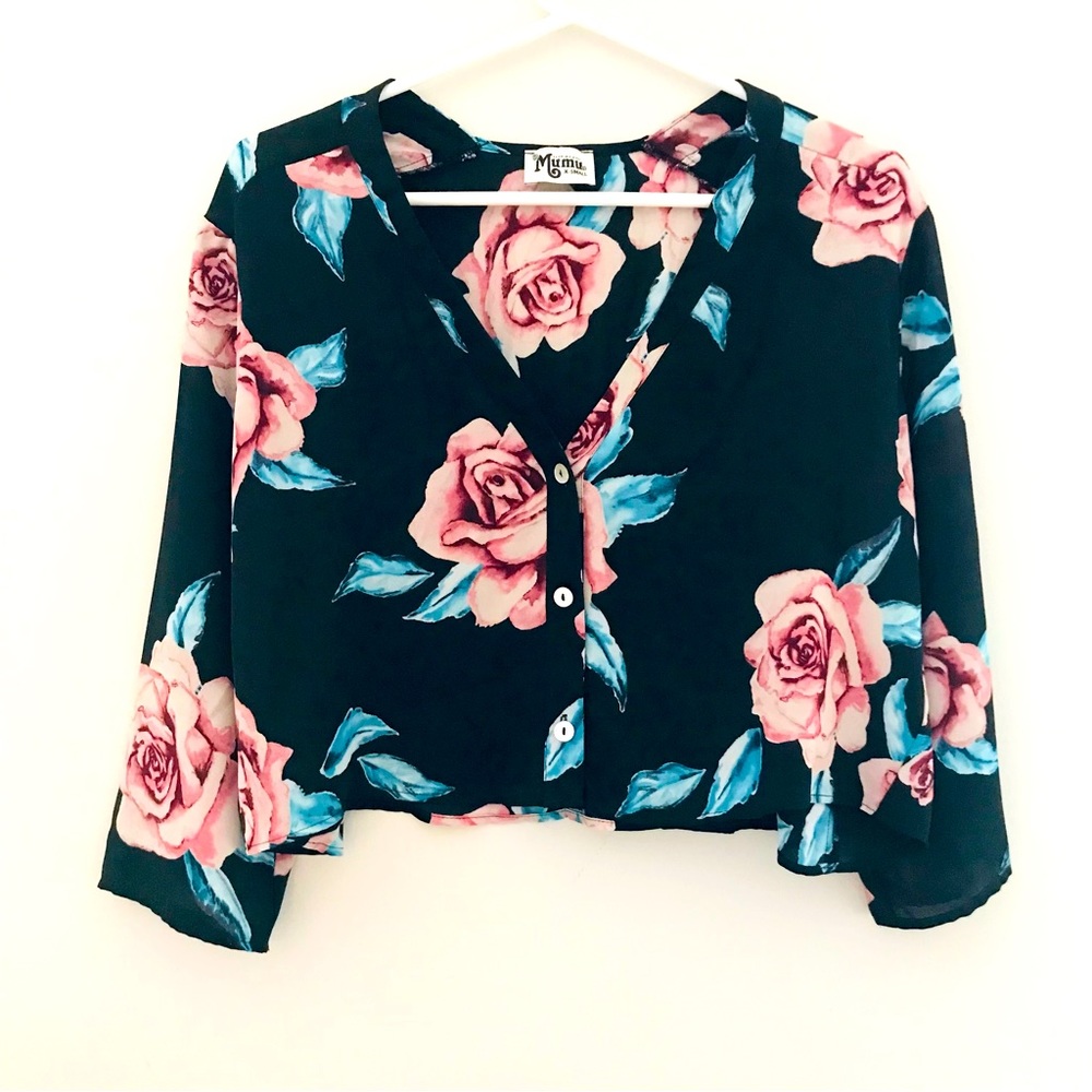 Show Me Your MuMu, XSmall, Black and Pink Sheer Floral 3/4 Sleeve Crop Blouse